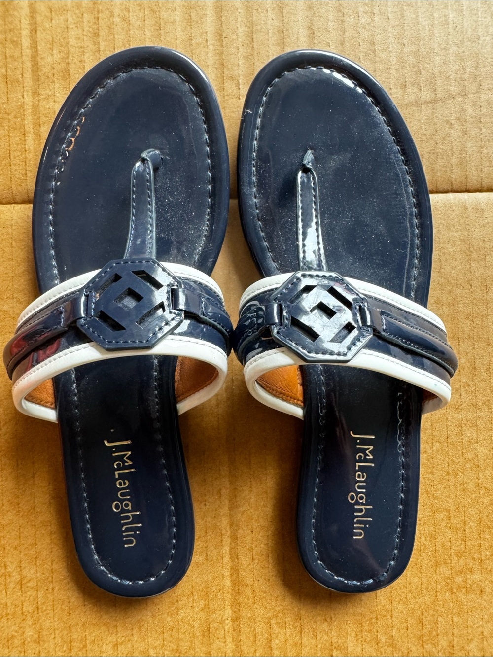 J. McLaughlin Navy and White Leather Thong Sandals with Geometric Accent